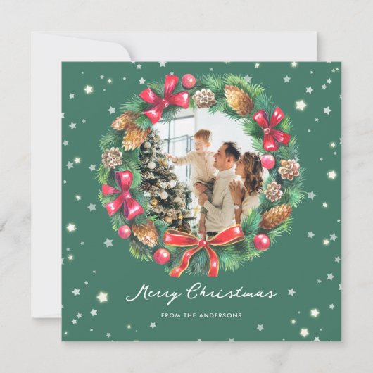 Waterverf Wreath Stars Groene Foto Kerstmis Feestdagenkaart (Voorkant)
