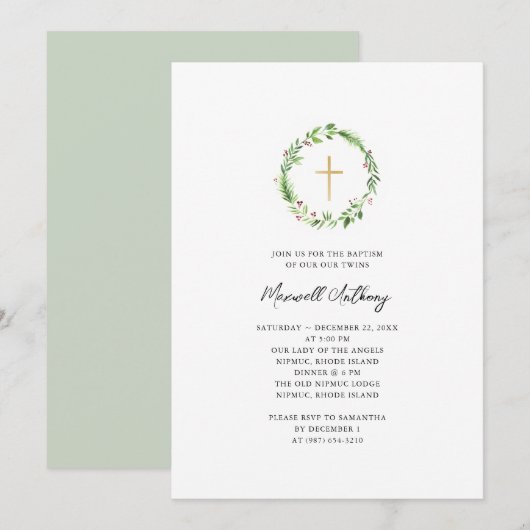 Waterverf Wreator en Gold Cross Baptisme Kaart (Voorkant / Achterkant)