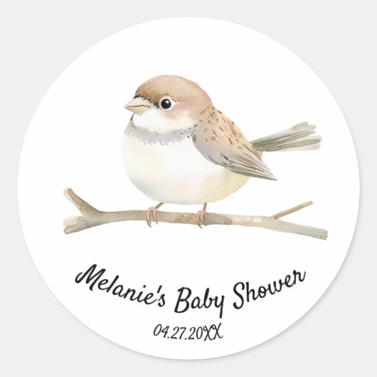 Waterverf Wren op een Branch Baby shower Ronde Sticker (Voorkant)