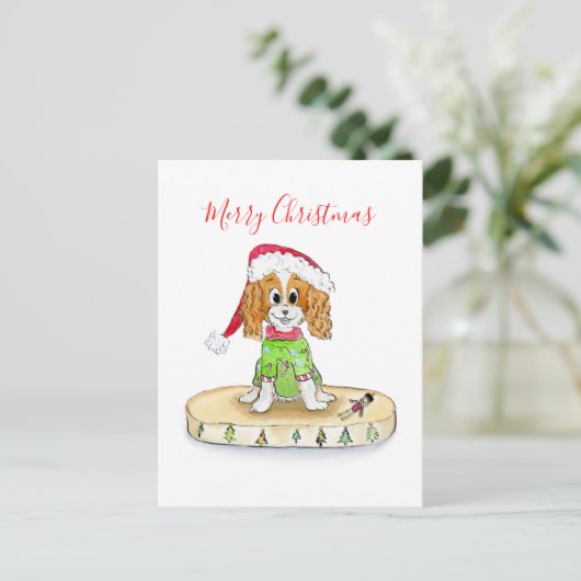 Waterverf Xmas Cavalier King Charles Spaniel Briefkaart (Staand voorkant)