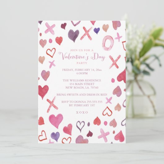 Waterverf XOXO Valentijnsdag Party-uitnodigingen Kaart (Staand voorkant)