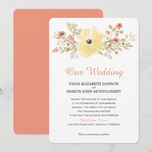 Waterverf Yellow Coral Spring Blossoms | Bruiloft Kaart (Voorkant / Achterkant)