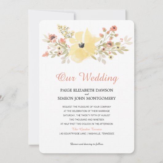 Waterverf Yellow Coral Spring Blossoms | Bruiloft Kaart (Voorkant)