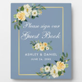 Waterverf Yellow Floral Dusty Blue Guest Book Fotoplaat (Voorkant)