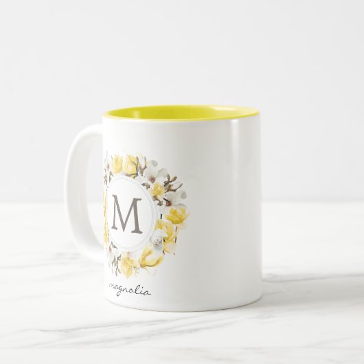 Waterverf Yellow Magnolia Wreatmonogram Tweekleurige Koffiemok (Voorkant links)