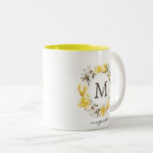 Waterverf Yellow Magnolia Wreatmonogram Tweekleurige Koffiemok (Voorkant rechts)