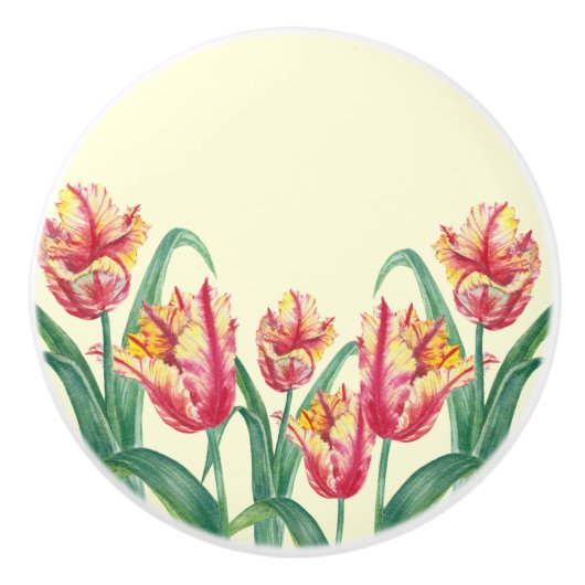 Waterverf Yellow Parrot Tulip Floral Illustration Keramische Knop (Voorkant)