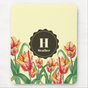 Waterverf Yellow Parrot Tulips Floral Monogram Muismat