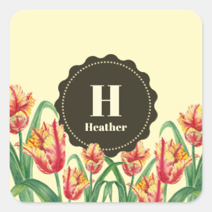 Waterverf Yellow Parrot Tulips Floral Monogram Vierkante Sticker