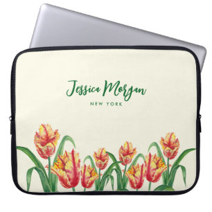Waterverf Yellow Parrot Tulps Illustration Laptop Sleeve