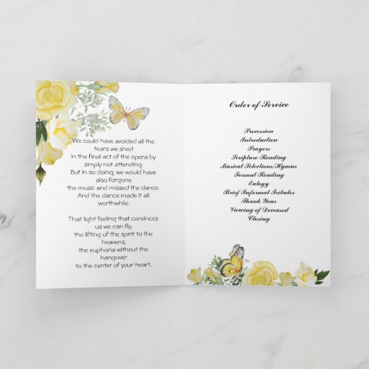 Waterverf Yellow Roses Butterfly Uitvaartprogramma Programma (Binnen)