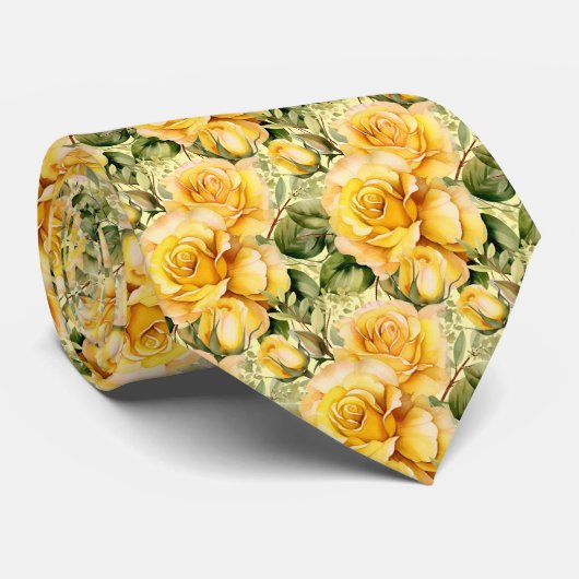 Waterverf Yellow Roses Spring Summer Floral Stropdas (Opgerold)