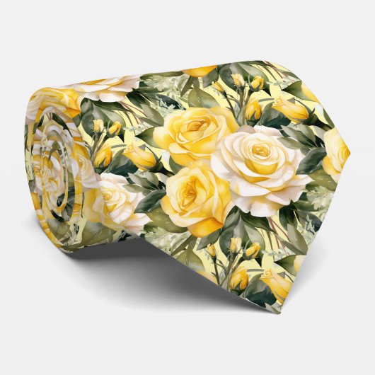 Waterverf Yellow Roses Spring Summer Floral Stropdas (Opgerold)