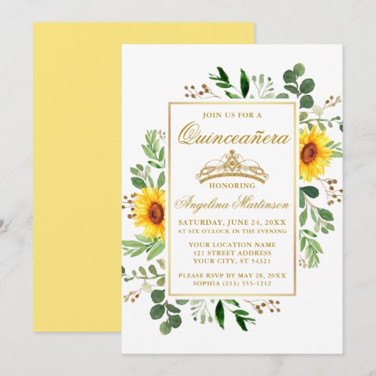 Waterverf Yellow Sunflower Greenery Quinceanera Kaart (Voorkant / Achterkant)