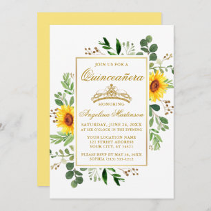 Waterverf Yellow Sunflower Greenery Quinceanera Kaart
