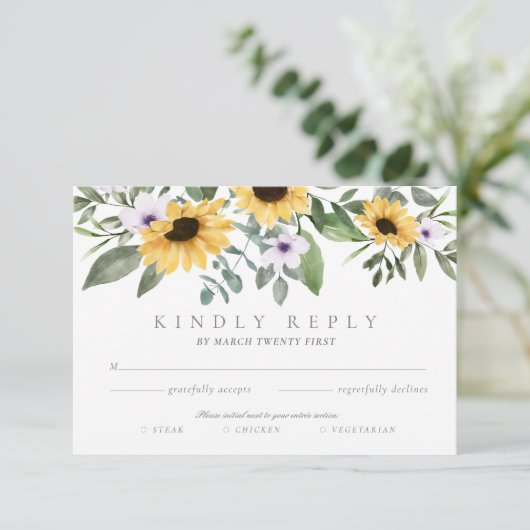 Waterverf Yellow Sunflower & Purple Flowers RSVP (Staand voorkant)