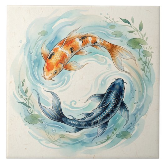 Waterverf Yin Yang Koi Vis Tegeltje (Voorkant)