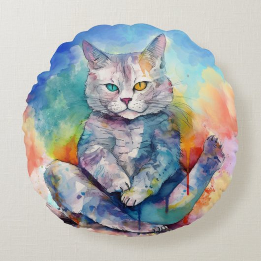 Waterverf Yoga Cat II Rond Kussen (Voorkant)