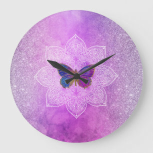 *~* Waterverf Yoga Glitter Butterfly Mandala Grote Klok