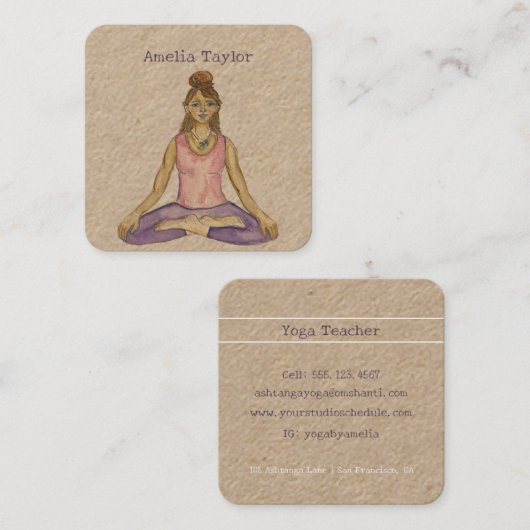 Waterverf Yoga Meisje Leraar in Lotus Pose Vierkante Visitekaartje (Voorkant / Achterkant)