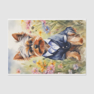 Waterverf Yorkshire Terrier in bloemendecoupage Tissuepapier