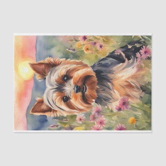 Waterverf Yorkshire Terrier in bloemendecoupage Tissuepapier (Voorkant)