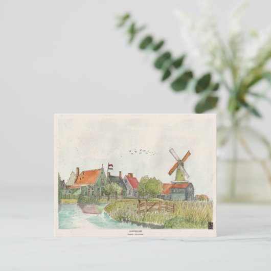Waterverf Zaanse Schans Zaandam Nederland Briefkaart (Staand voorkant)