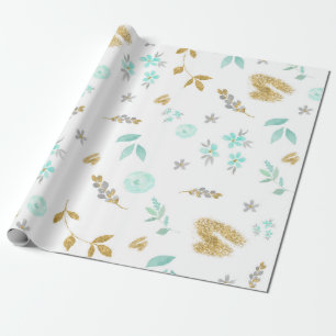 Waterverf Zacht Blauw en Goud Glitter Bloem Cadeaupapier