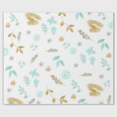 Waterverf Zacht Blauw en Goud Glitter Bloemen Cadeaupapier (Vlak)