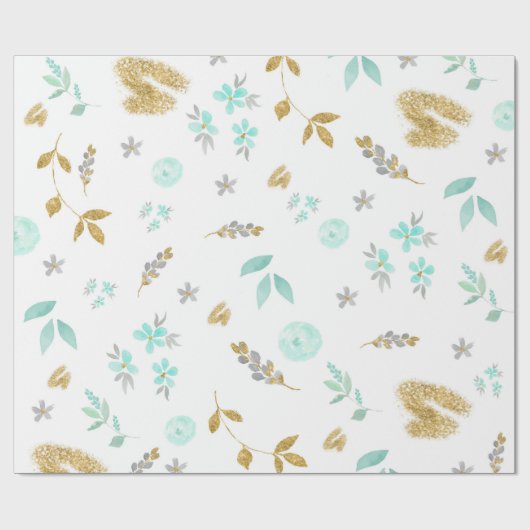 Waterverf Zacht Blauw en Goud Glitter Bloemen Cadeaupapier (Vlak)