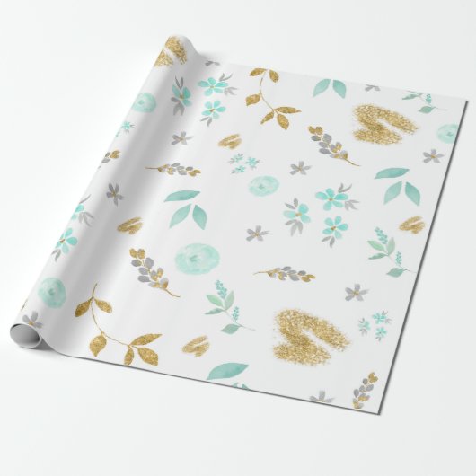 Waterverf Zacht Blauw en Goud Glitter Bloemen Cadeaupapier (Uitgerold)
