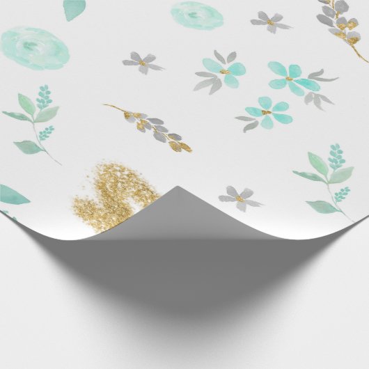 Waterverf Zacht Blauw en Goud Glitter Bloemen Cadeaupapier (Hoek)