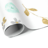 Waterverf Zacht Blauw en Goud Glitter Bloemen Cadeaupapier (Rol Hoek)