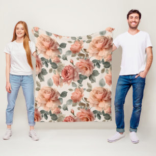 Waterverf Zacht Roze Roos Beige Bloemmotief Fleece Deken