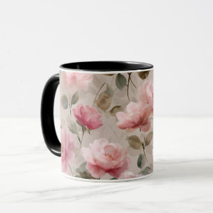 Waterverf Zacht Roze Roos Beige Bloemmotief Mok