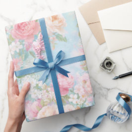 Waterverf Zacht Roze Rozen Hemelblauwe Achter Flor Cadeaupapier