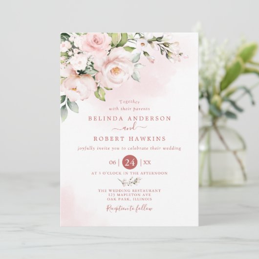 Waterverf zacht wazige roze bloemen bruiloft kaart (Staand voorkant)