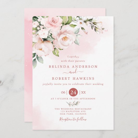 Waterverf zacht wazige roze bloemen bruiloft kaart (Voorkant / Achterkant)