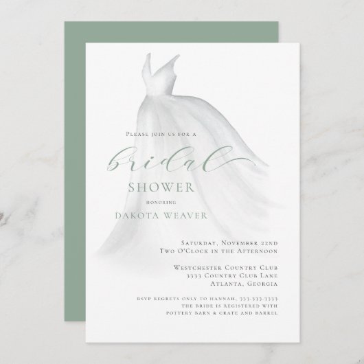 Waterverf Zachte Groene Trouwjurk Vrijgezellenfees Kaart (Voorkant / Achterkant)