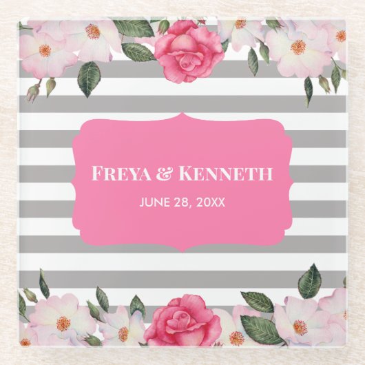 Waterverf zachte roze witte rozen bloem bruiloft glazen onderzetter (Voorkant)