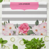 Waterverf Zachte roze witte rozen grijze strepen Theedoek (Gevouwen)