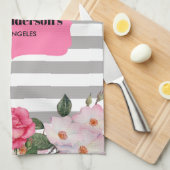 Waterverf Zachte roze witte rozen grijze strepen Theedoek (Quarter Fold)