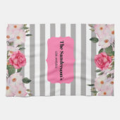 Waterverf Zachte roze witte rozen grijze strepen Theedoek (Horizontaal)