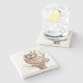 Waterverf Zag Whet Schattigee Kleine Uil Vogel Nat Stenen Onderzetter (Zijkant)