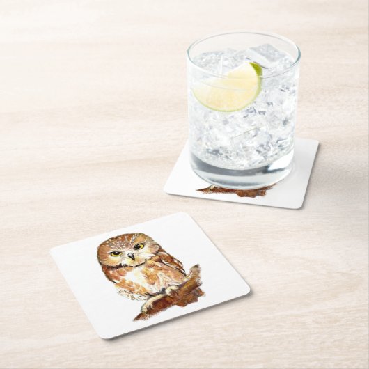 Waterverf Zag Whet Uil Schattigee Vogel Natuur Kun Kartonnen Onderzetters (Insitu)