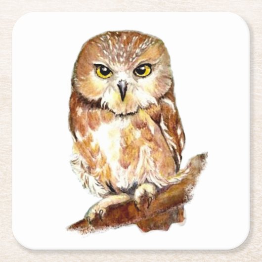 Waterverf Zag Whet Uil Schattigee Vogel Natuur Kun Kartonnen Onderzetters (Voorkant)