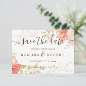 Waterverf Zalmroze rozen & goudvulling Bespaar T Save The Date (Staand voorkant)