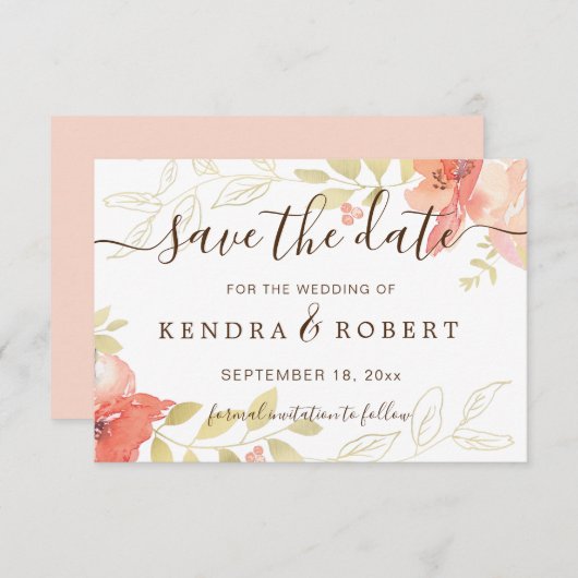 Waterverf Zalmroze rozen & goudvulling Bespaar T Save The Date (Voorkant / Achterkant)