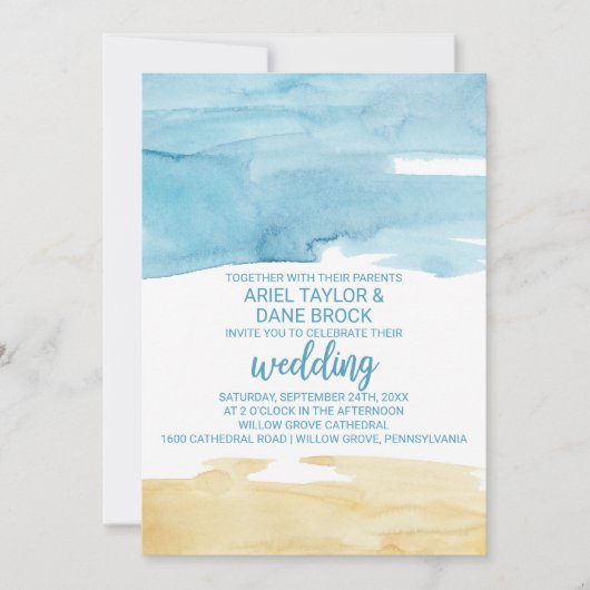 Waterverf Zand en Zee bruiloft Kaart (Voorkant)