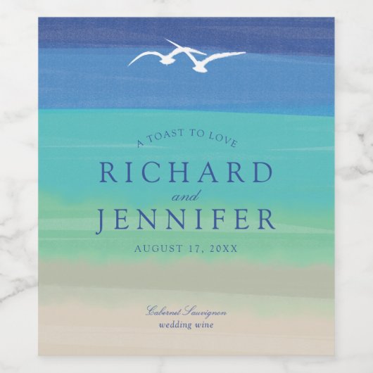 Waterverf Zand Zee en Seagulls Bruiloft Wijn Etiket (Enkel label)